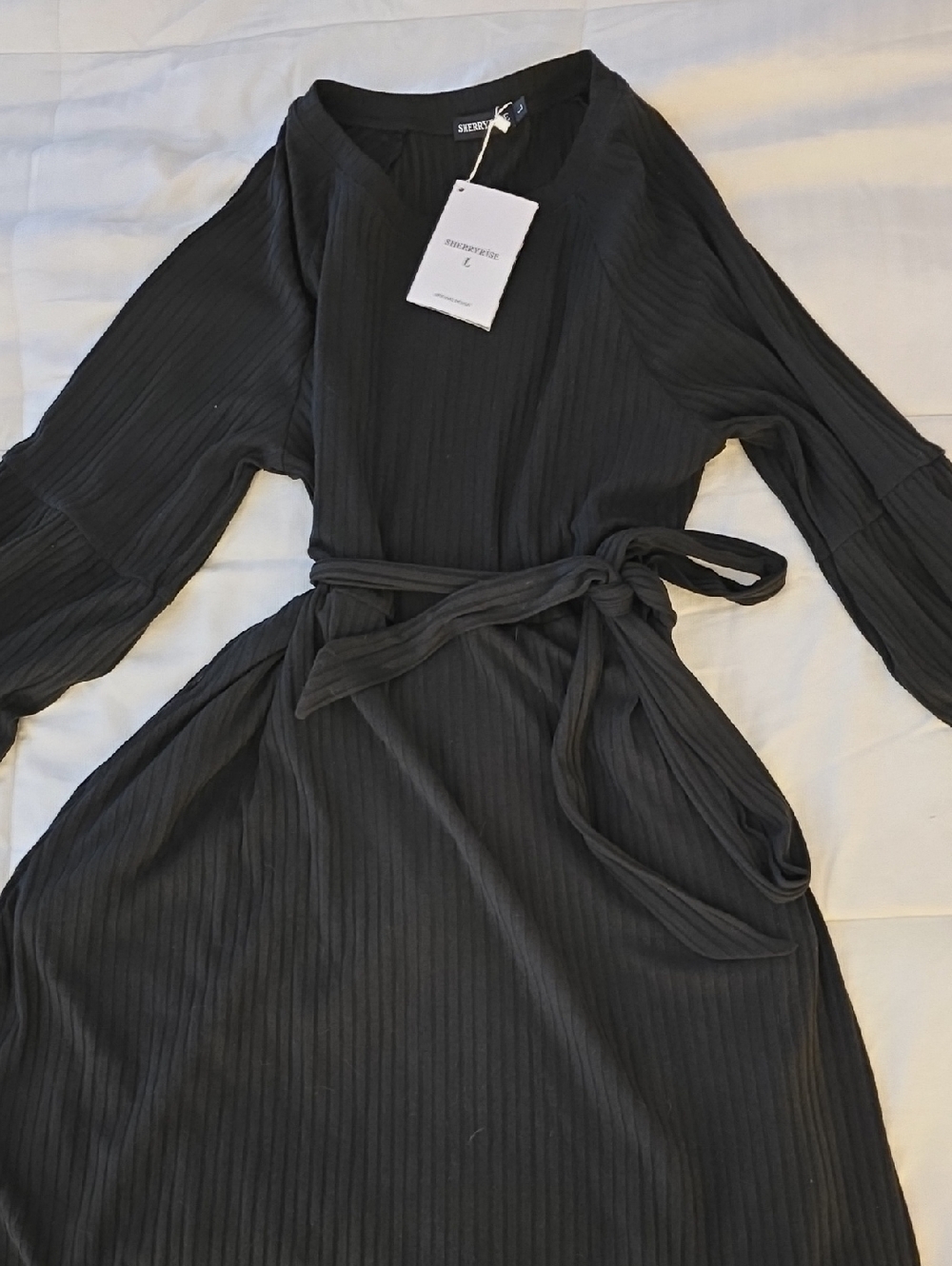 Black Ribbed Long-Sleeve Belted Midi Dress